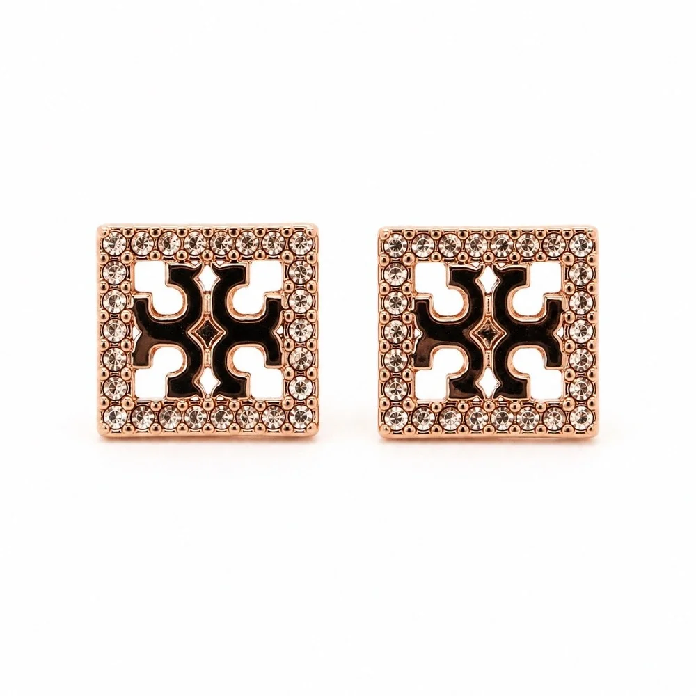 NWT Tory Burch Pave Icon Square Earrings / Dustbag & Jewelry Card Included